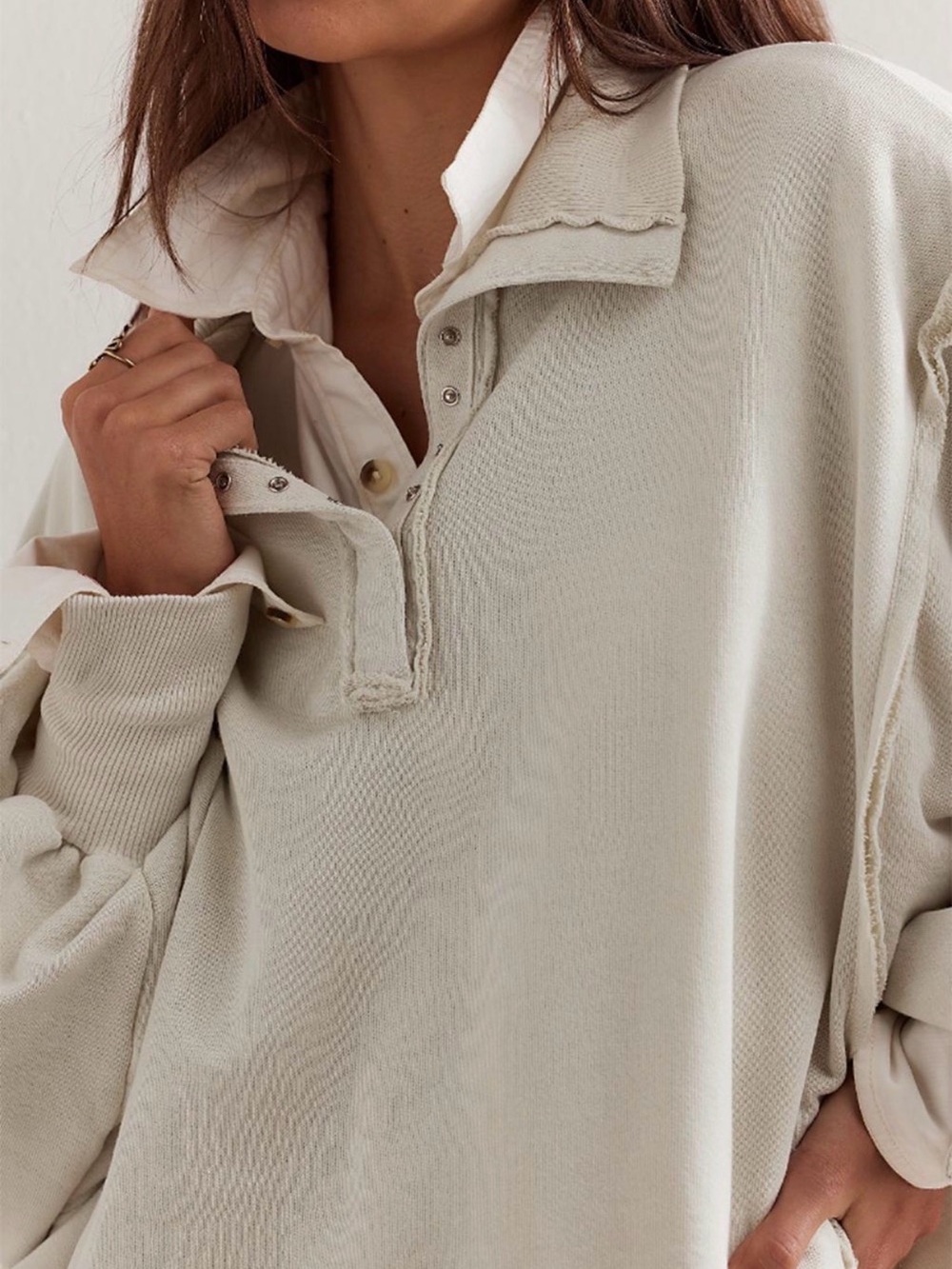 Free People We The Free Gray Oversized Henley Sweatshirt Raw Seam Large